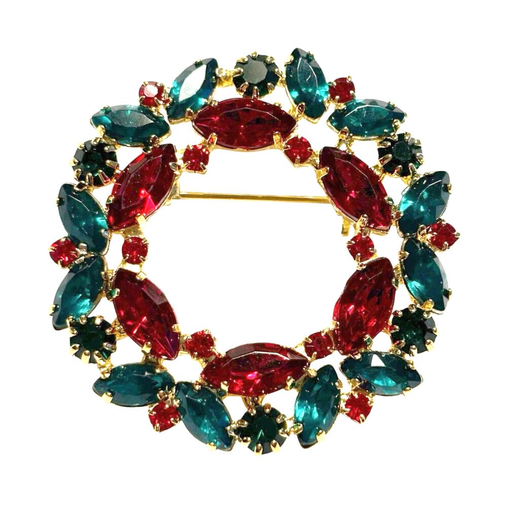Red & green rhinestones Christmas wreath brooch festive goldtone holiday pin